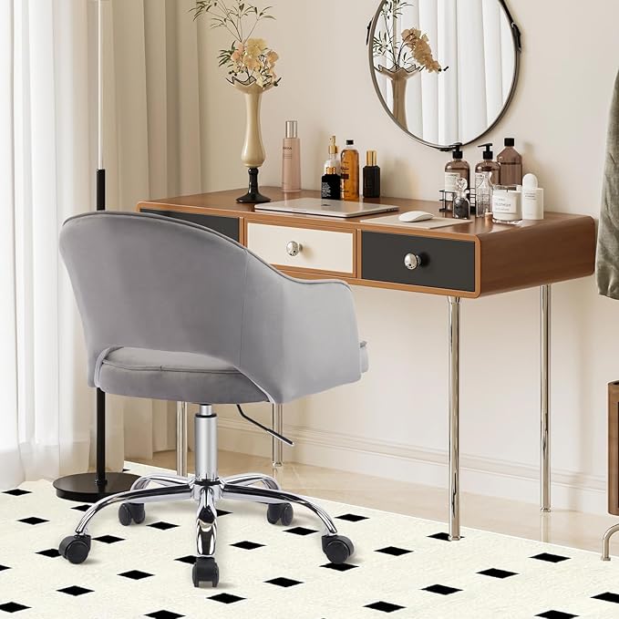 MOJAY Velvet Office Swivel Chair, Vanity Fabric Desk Pretty Fancy Gold Office Chairs for Girls, 360°Swivel Height Adjustable Reception Chair (LightGray)