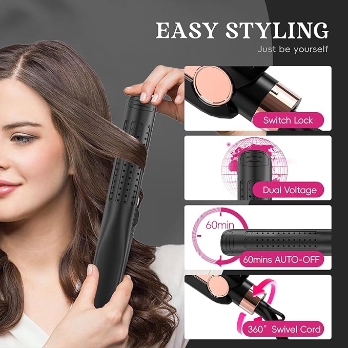 SKIMI Airflow Styler, Titanium Flat Iron Hair Straightener, Professional Curling Iron with Cooling Air Vents to Lock in Style, 5 Temps & Dual Voltage, Auto Off