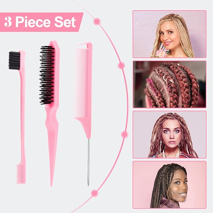 3 Pcs Slick Back Hair Brush, Rat Tail Comb, Edge | Bristle Brush, Hair Accessories for Girls, Kids, Toddlers Sleek Ponytail/Bun, Edge Control and Smoothing Baby Hair & Flyaways