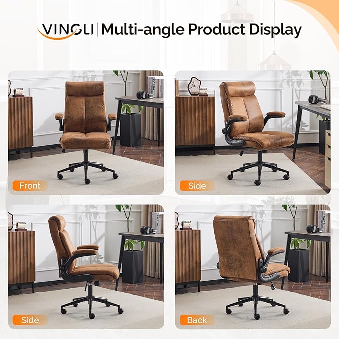 VINGLI Microfiber Brown Rolling Ergonomic Office Desk Chair with Padded Flip-up Arms, 360°Swivel High Back Executive Computer Chair with Wheels for Game，Home Small Space, Study Room, Reading Room