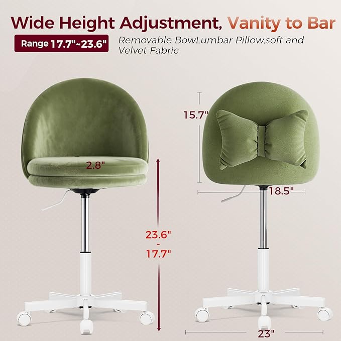 GTPLAYER Velvet Tall Office Chair with Wheels Vanity Chairs with Back, Versatile Height Use: Office to Bar Stools Small Ergonomic Comfy Armlees Computer Desk Chair with Bow Lumbar Pillow for Gift