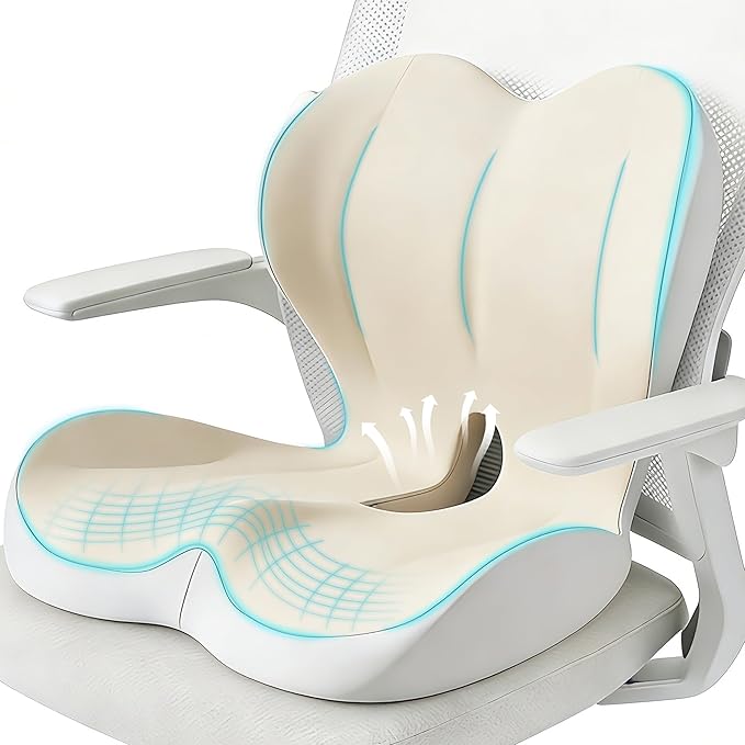 Seat Cushion for Office Chair and Car, Lumbar Support Pillow for Office Chair, Memory Foam Ergonomic Seat Cushion for Long Sitting, Back & Tailbone Pain, Sciatica - Beige & Gray