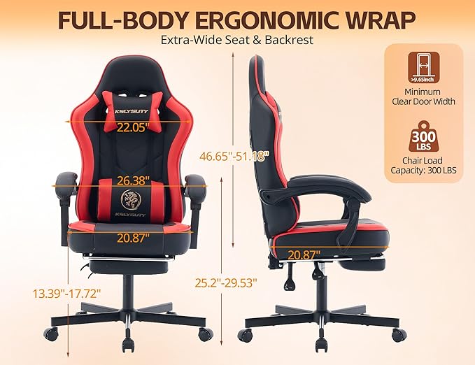 Office Chair Breathable Leather with Pocket Spring Cushion, Wide and High Ergonomic Computer Gaming Chair with Headrest and Footrest for Adult and Teen, Black and Red