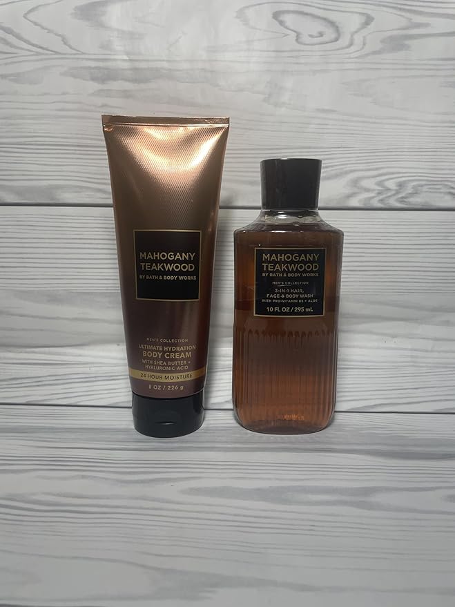 Bath & Body Works Mahogany Teakwood Men's 3-in-1 Hair, Face & Body Wash and Body Cream 2 Piece Set
