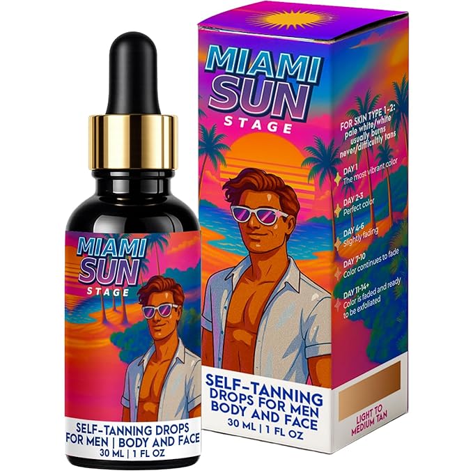 MIAMI SUN STAGE Self Tanning Drops for Men - Medium to Dark Tan (Skin Type 2-3) - Face & Body Bronzer Mixer - Natural Sunless Tanner with Aloe, Avocado - Vegan & Non-Sticky, 1 fl oz