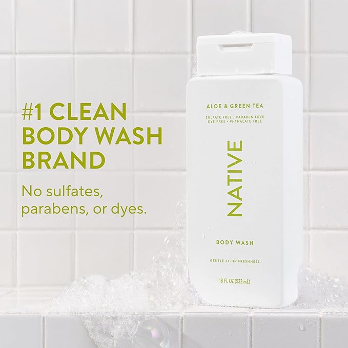 Native Body Wash Contains Naturally Derived Ingredients | For Women & Men, Sulfate, Paraben, & Dye Free Leaving Skin Soft and Hydrated |Aloe & Green Tea 18 oz