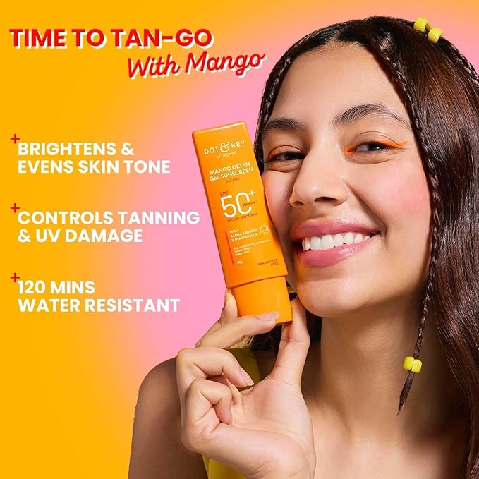 Dot&Keey's Mango Detan Gel Sunscreen SPF 50+ PA+++, Oil-Free, with Alpha-Arbutin, Niacinamide, Water Resistant, for All Skin Types, 80g