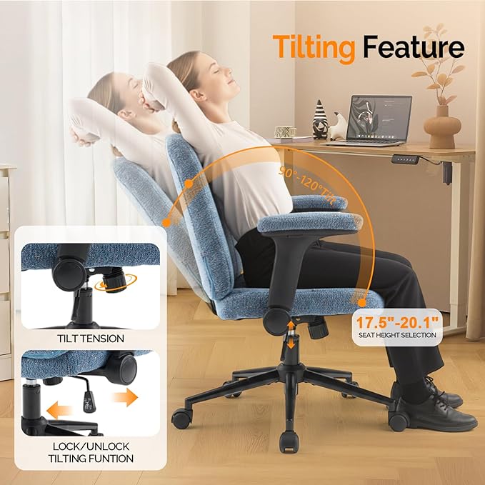 VINGLI Criss Cross Chair with Adjustable Flip-Up Arms,Cross Legged Chair with Wheels,Extra Wide Office Chair,Desk Chair for Home Office,Vanity,Bedroom, Apartment,Starry Chenille,Navy Blue