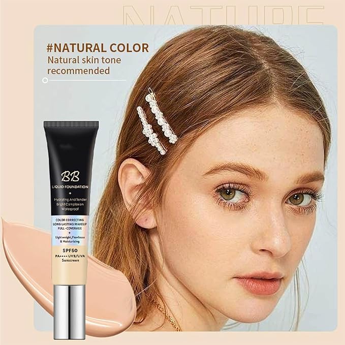 2 Pcs BB Cream Foundation - Natural Coverage, Waterproof Long Lasting, Hide Pores Fine Line, Travel-Friendly Tubes, Lightweight Hydrating BB Cream for All Skin Types (Ivory + Natural)