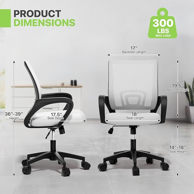 Magshion Ergonomic Office Chair 20 Pack, Mid-Back Mesh Desk Chair, Adjustable Swivel Computer Chair with Lumbar Support & Breathable Backrest for Gaming, Work, Study, 300 Lbs Capacity, White