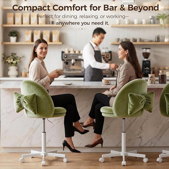 GTPOFFICE Vanity Chair with Back, Adjustable Tall Office Chair High Swivel Bar Stools Fluffy Cute Desk Chair Comfy with Wheels Bow Pillow Armlees for Adults Standing Desk Bar, Soft Velvet, Green