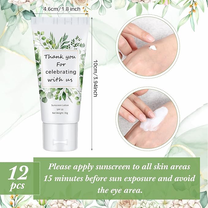 12 Pcs Mini Sunscreen Bulk for Summer Travel Size Spf 30 Water Resistant Sunscreen Lotion Bulk for Thank You Gifts Hawaiian Wedding Bridal Party Favors for Pool Wedding(Eucalyptus)