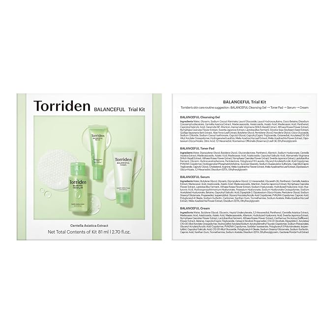 Torriden BALANCEFUL Cica Trial Kit, 5D Cica Infused Daily Skincare Kit - 4 Step Regimen with Cleansing Gel, Toner Pad, Serum, and Cream | Travel Essential | Korean Skin Care Set