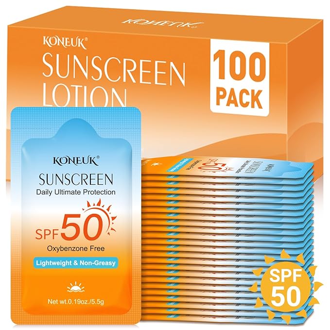100 Pack Mini Sunscreen for Face and Body, SPF 50 Travel Size Sunscreen, Lightweight and Non-Greasy, Bulk Sunscreen for Summer Travel, Outdoor Sports and Activities, 0.19 OZ/Pack