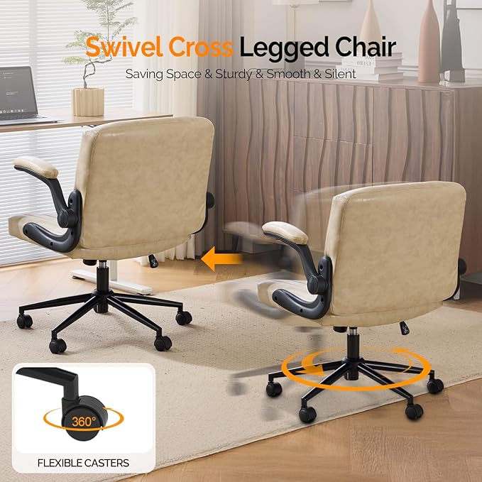 VINGLI Criss Cross Chair with Adjustable Flip-Up Arms,Cross Legged Chair with Wheels, Extra Wide Office Chair,Comfortable Desk Chair for Home Office, Vanity, Bedroom, PU Leather,Ivory White