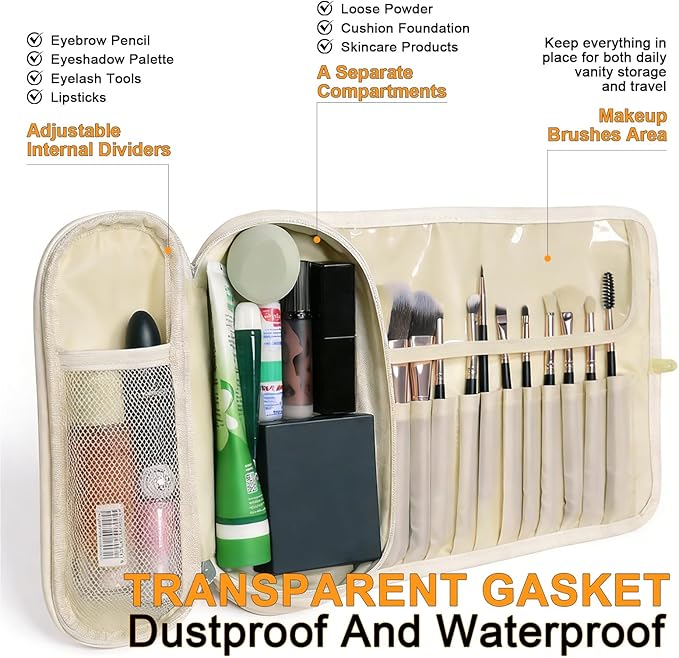 Portable Folding Makeup Brush Bag,Travel Toiletry Bag with Dividers & Independent Partition for Brushes & Skincare, Toothbrush Holder,Rollup & Open Flat cosmetic Organizer,Waterproof &Hanging (white)