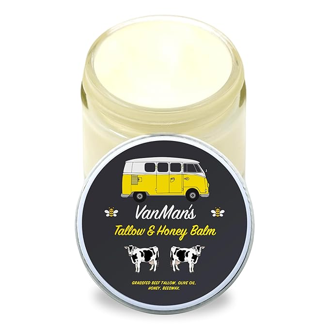 Vanman's Tallow and Honey Balm With No Added Scent - Face Moisturizer with Grass-Fed/Finished Beef Tallow for Skin, Organic Raw Honey and Beeswax, Cold Pressed Olive Oil - 2 oz