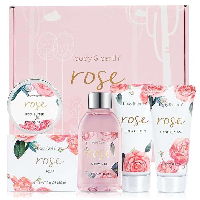BODY & EARTH Spa Gift Set for Women - Luxurious 5 Pcs Bath and Body Box, Rose Scent, Includes Body Wash, Body Butter, Body Lotion and More, Birthday Mothers Day Gifts for Mom Self Care Kit for Her