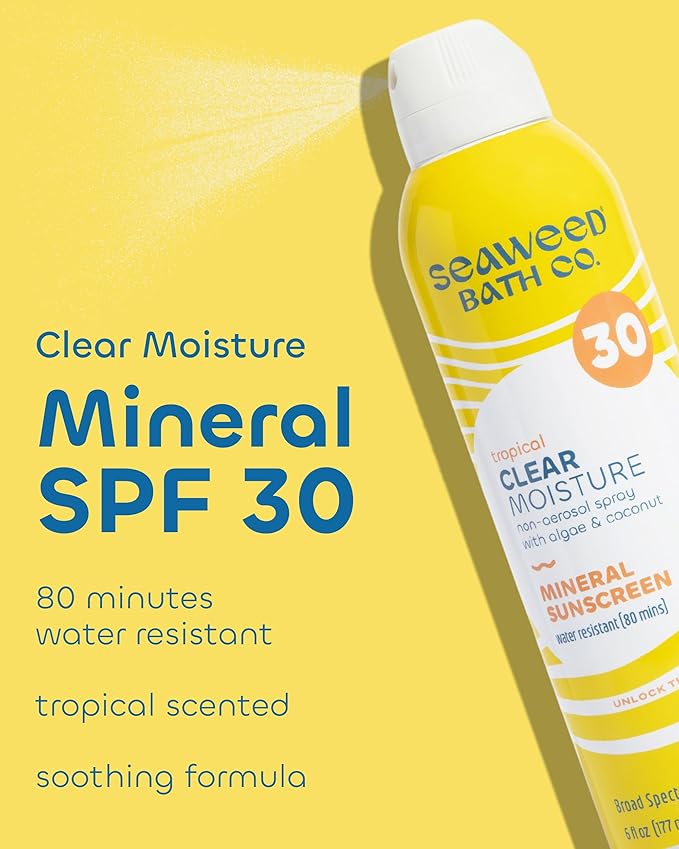 Seaweed Bath Co. Clear Moisture Mineral SPF 30 Broad Spectrum Sunscreen Spray, 6 Ounce, Sustainably Harvested Seaweed, Algae, Coconut