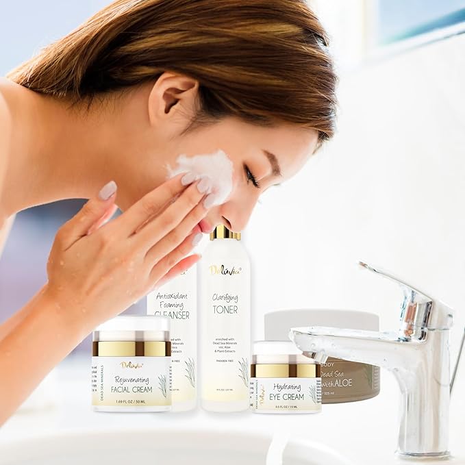 Deluvia Premium Facial Kit, Skin Care Products Set, Gentle Foaming Cleanser Face Wash, Clarifying Facial Toner, Face Moisturizer, Hydrating Under Eye Cream, Dead Sea Mud Mask