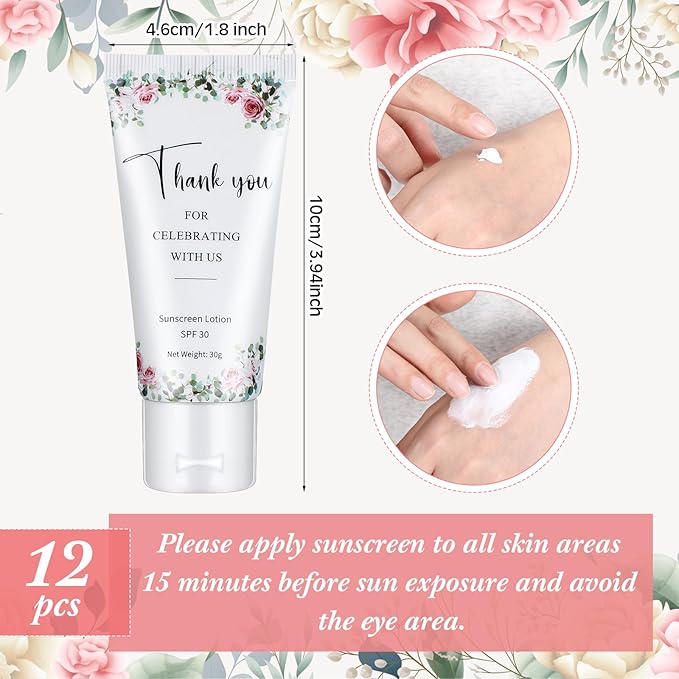12 Pcs Mini Sunscreen Bulk for Summer Travel Size Spf 30 Water Resistant Sunscreen Lotion Bulk for Thank You Gifts Hawaiian Wedding Bridal Party Favors for Pool Wedding(Floral)