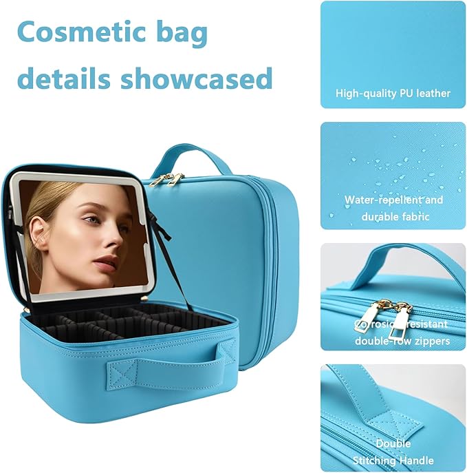 Makeup Bag with Led Mirror,Large Vanity Makeup Cases with 3 Color Setting,Portable Storage and Adjustable Dividers,for Women and Makeup Artists Cosmetic Organizer Travel Makeup Bag-Blue