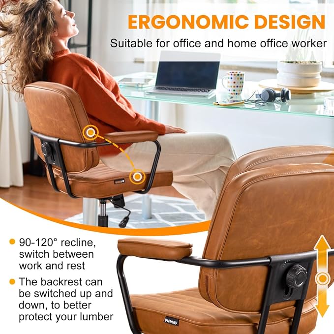 Artswish Mid Century Office Chair - Leather Desk Chair with Wheels, Arms, Swivel & Height Adjustable Ergonomic Computer Chair for Home Office, Brown