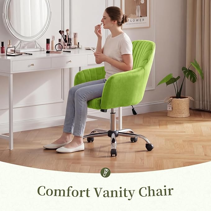 Warmiehomy Velvet Desk Chair for Home Office, Modern Adjustable Swivel Task Chair, Women Vanity Chairs with Arm Rest for Bedroom Dressing Room, Light Green