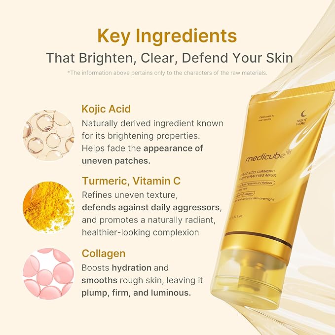 medicube All-Day Care for Deep Hydration & Skin Revival: Turmeric Overnight Wrapping Peel Off Mask 2.0 and Kojic Acid Turmeric Brightening Gold Jelly Gel Mask (4ea) and Jelly Brush