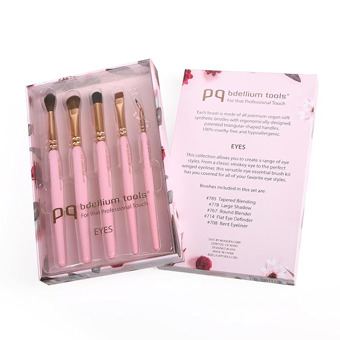 Bdellium Tools Pink Golden Triangle Eyes Makeup Brush Set - Versatile Eye Essential Brush Kit with Soft Synthetic Bristles and Rose Gold Brass Ferrule for a Range of Eye Styles (Pink, 5 pcs)