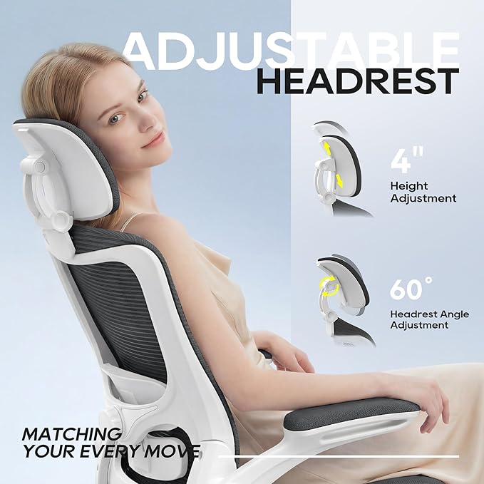 Ergonomic Office Chair, High Back Mesh Desk Chair with Adjustable Lumbar Support & Headrest, Flip-up Armrest, Computer Task Chairs for Home and Executive Office (W-Dgrey)