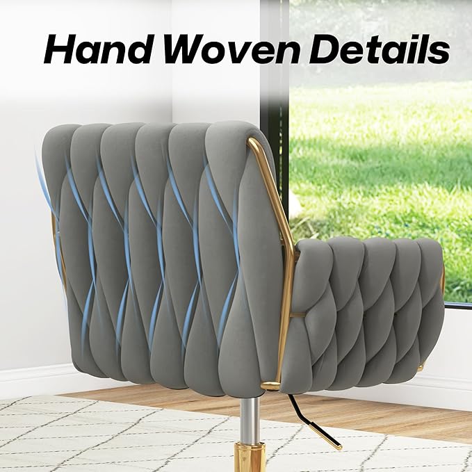 Woven 360°Swivel Desk Chair, Velvet Height Adjustable Home Office Armchair with Golden Base for Teens Women Girls, Upholstery Computer Chair for Home Studios and Office, Woven & Light Gray