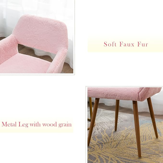 KCC Furry Desk Chair, Mid-Century Modern Accent Faux Fur Chair for Teen Girls, Comfy Armchair with Wood Look Metal Legs for Living Dining Room, Home Vanity Makeup Office Desk Chairs No Wheel, Pink