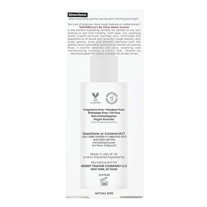 THAYERS Let's Be Clear Water Face Cream,Moisturizer with Azelaic Acid and Hyaluronic Acid,Skin Care for Combination to Oily Skin,2.5 Oz,(Pack of 2)