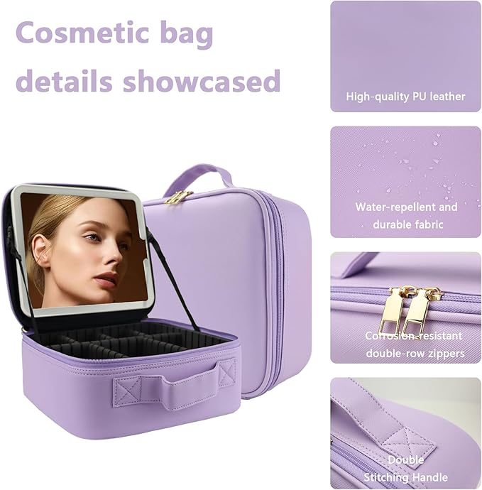 Makeup Bag with Led Mirror,Large Vanity Makeup Cases with 3 Color Setting,Portable Storage and Adjustable Dividers,for Women and Makeup Artists Cosmetic Organizer Travel Makeup Bag-Purple