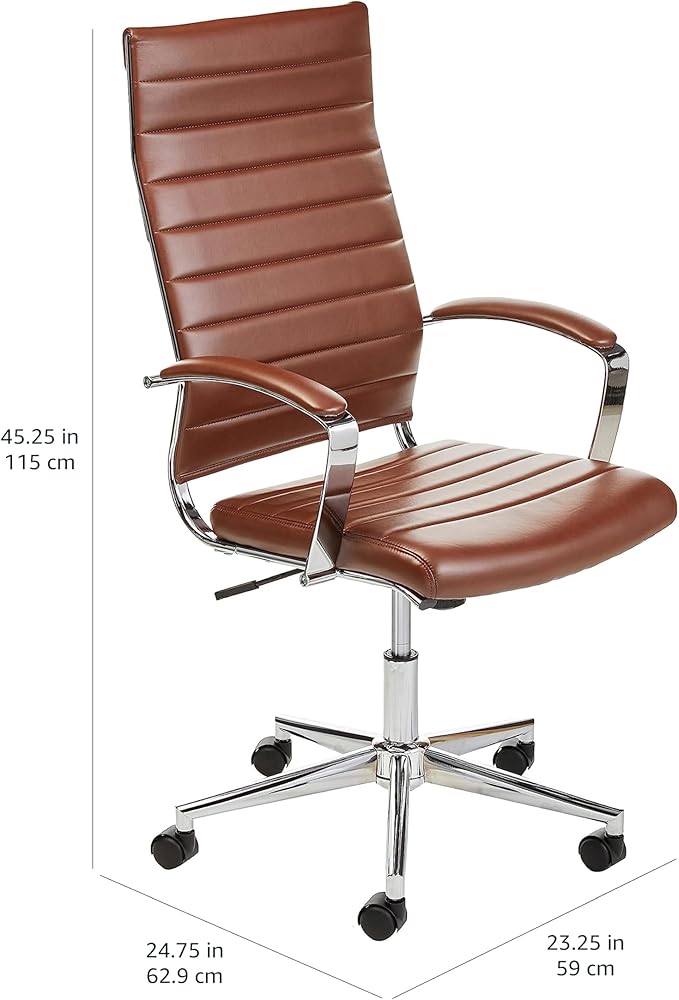 Amazon Basics High-Back Swivel Office Chair with Lumbar Support, Ergonomic Ribbed Faux Leather, Adjustable Height, 24.75"D x 23.25"W x 45.25"H, Brick Red