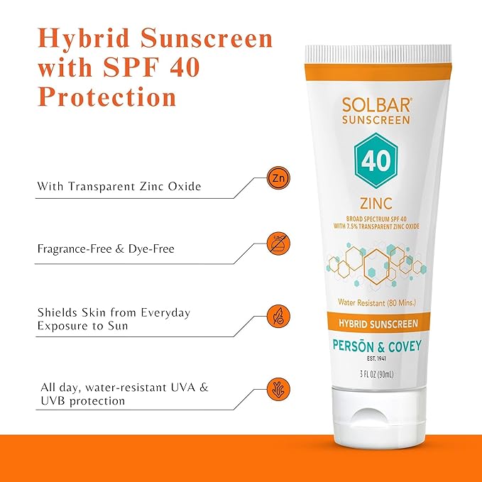 Solbar Zinc SPF 40 Hybrid Sunscreen for Face & Body, Transparent Zinc Oxide, Broad Spectrum Sun Care, Water Resistant Travel Size 3oz