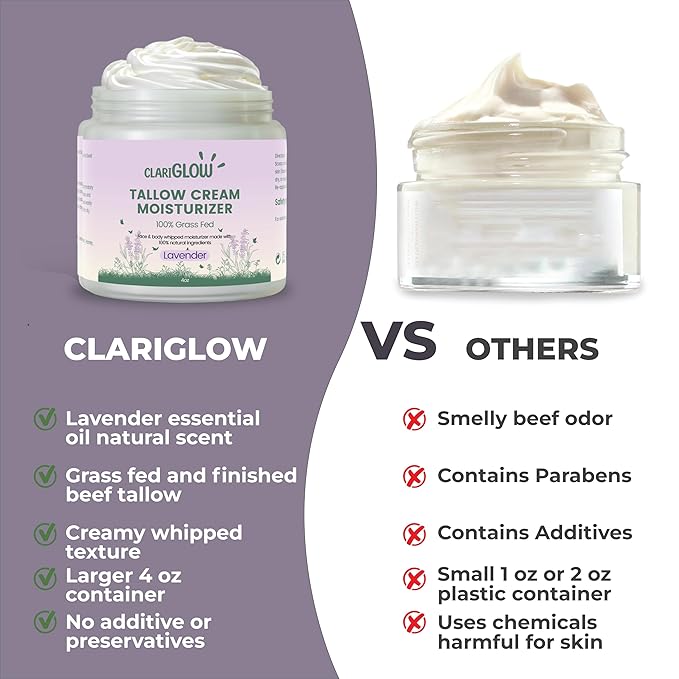 Whipped Beef Tallow Skin Moisturizer - 100% Grass Fed Beef Tallow Face Cream - Natural Lotion Balm Body Moisturizer with Honey & Lavender - 4 oz