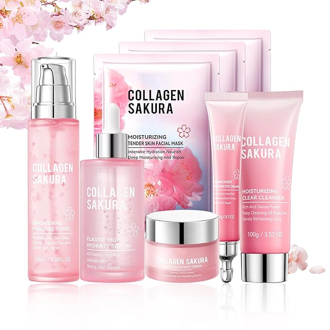 8PCS Sakura Skin Care Set,Hydrating Skincare Gift Set with Facial Cleanser,Face Masks,Facial Serum,Face Cream,Toner and Eye Cream,Deeply Moisturizing Facial Kit for Women and Girls