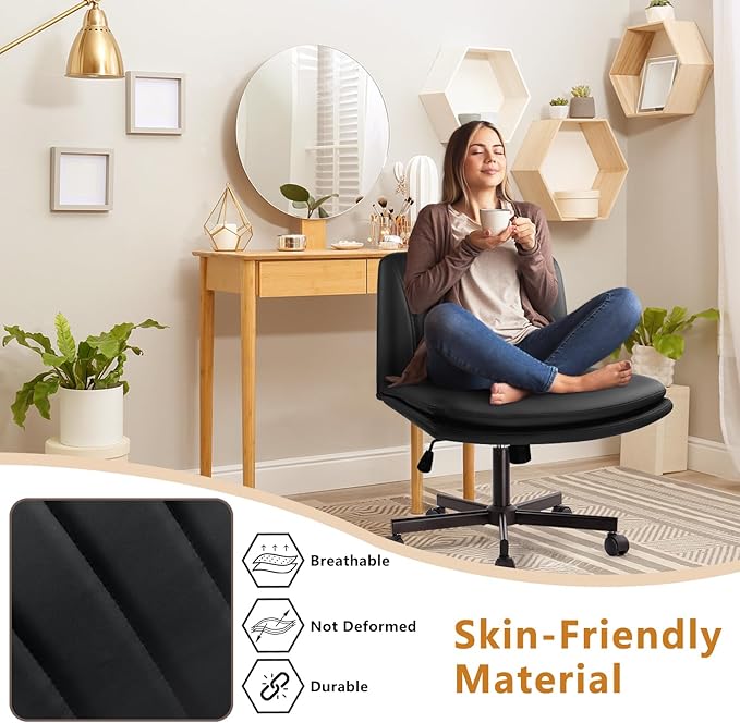 Criss Cross Chair, PU Leather Vanity Chair with Wheels, Armless Cross Legged Home Office Chair, Wide Seat Swivel Criss Cross Desk Chair, Height Adjustable Vanity Chair with Back, Black