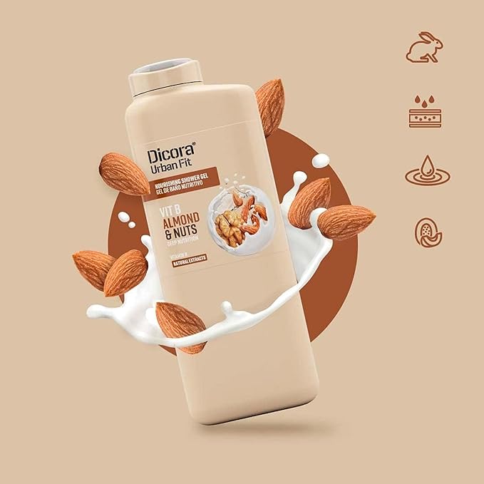 Dicora Urban Fit Nourishing Shower Gel - Extra Moisturizing Women and Mens Body Wash - With Vitamin B for Skin Elasticity - Almond and Nuts - 13.5 oz