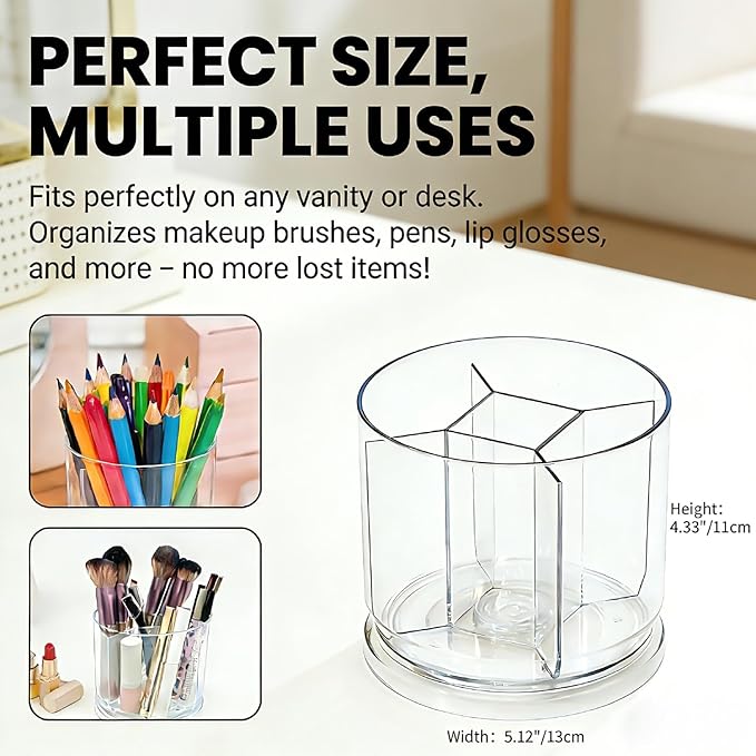 Makeup Brush Holder 360 Rotating Makeup Brushes Organizer for Vanity, 5 Slots Makeup Organizers & Storage, Multi-Functional Pencil Pen Holder for Desk, Cosmetic Storage Container Cup (Clear)