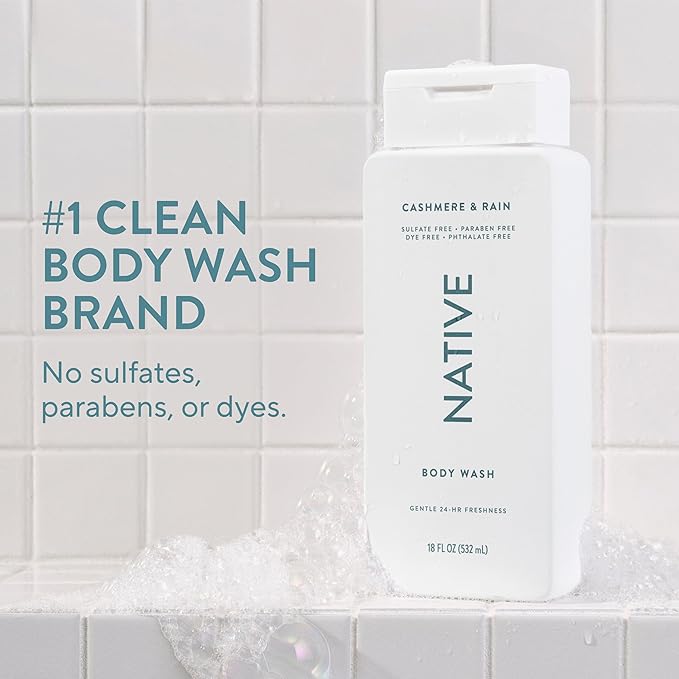 Native Body Wash Contains Naturally Derived Ingredients | For Women & Men, Sulfate, Paraben, & Dye Free Leaving Skin Soft and Hydrated | Cashmere & Rain 18 oz