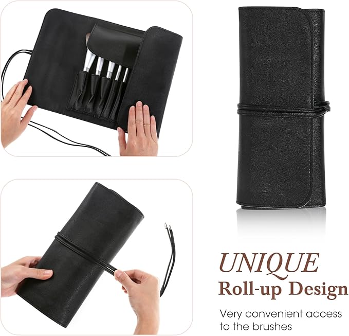 Makeup Brush Case Travel, Makeup Brush Case Roll Up, Brush Holder Organizer Pouch Cosmetic Bag for Travel, Rolling Bag Storage Case PU Leather