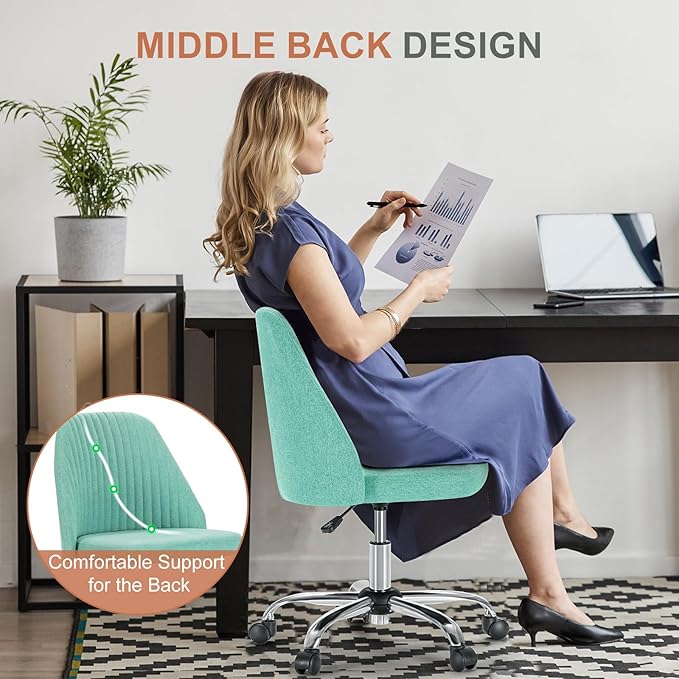 DUMOS Office Chair, Comfy Desk Chair Rolling Vanity Swivel Task Chairs with Wheels, Wide Seating Armless Height Adjustable Computer Chairs for Home,Bedroom,Student,Adults, Aqua