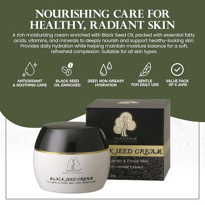 Madina Black Seed Cream 6 Pack – Black Seed Oil, Natural Skin Moisturizer, Nourishing Face Cream, Antioxidant-Rich, Anti-Inflammatory Skincare, Deep Hydration, For All Skin Types, 2 oz Each