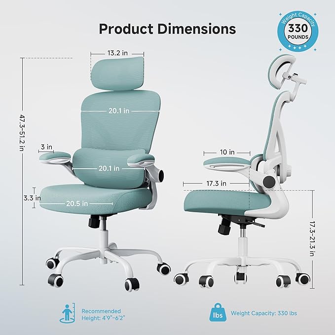 Ergonomic Office Chair, 330LBS Desk Chair with 3-Level Lumbar Support & Headrest, Breathable Mesh Backrest, Flip-Up Armrests for Home Office and Gaming, Blue