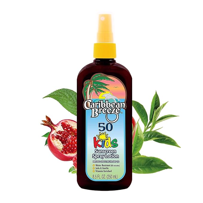 Caribbean Breeze Kids Sunscreen Spray SPF 50, Lotion Sunblock Spray, Sunscreen for Kids & Toddlers, with Green Tea & Pomegranate Extracts, Non-Aerosol Pump for Face & Body, Water Resistant, 8.5 oz