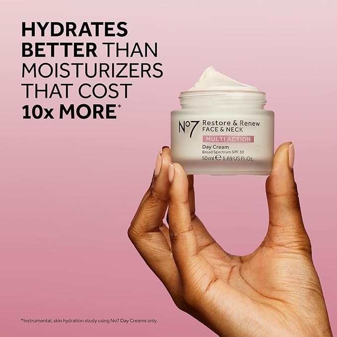 No7 Restore & Renew Multi Action Face & Neck SPF 30 Day Cream - Firming & Hydrating Face Moisturizer with Hyaluronic Acid to Help Reduce the Appearance of Wrinkles - Fragrance-Free (1.69 Fl Oz)