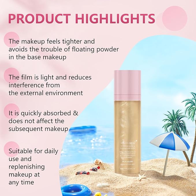 2Pcs Sunglaze Sheer Setting Mist Sunscreen SPF 50, Broad Spectrum Shimmering Face & Body Oil Mist, Hydrating Makeup-Friendly Glow Spray, Non-Greasy & Fast-Absorbing for Face & Body